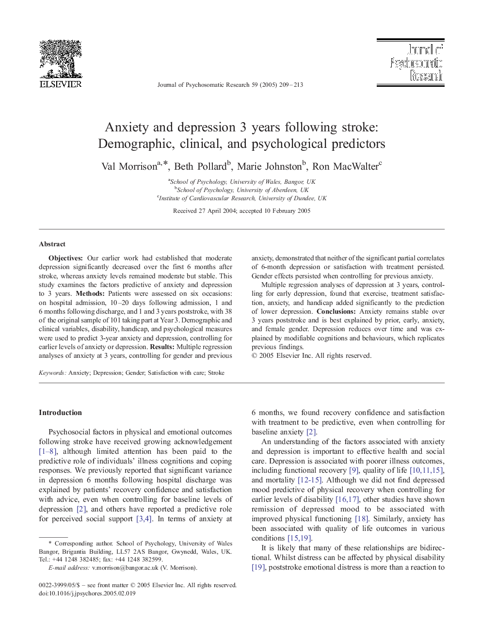 Anxiety and depression 3 years following stroke: Demographic, clinical, and psychological predictors