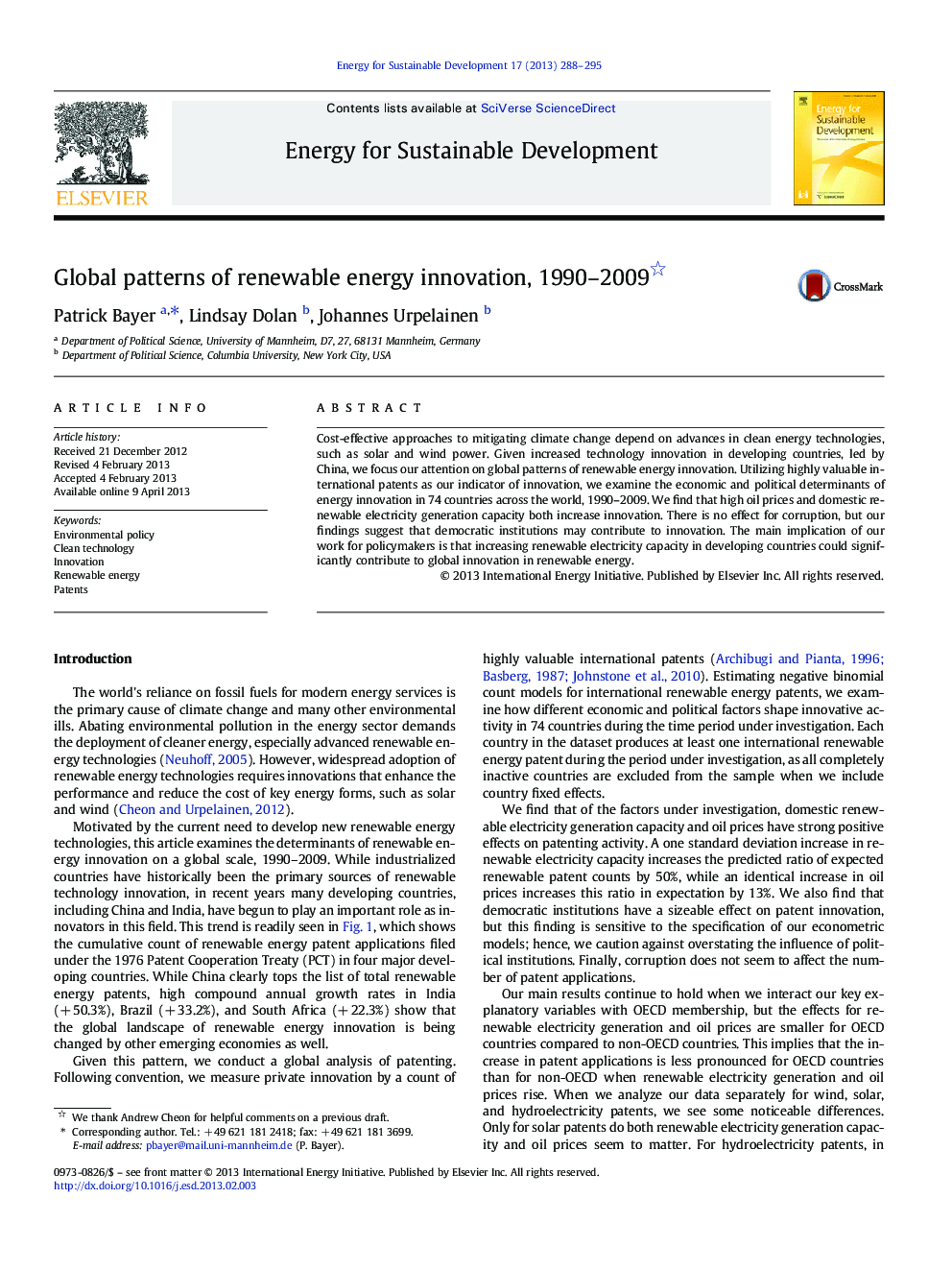 Global patterns of renewable energy innovation, 1990–2009 