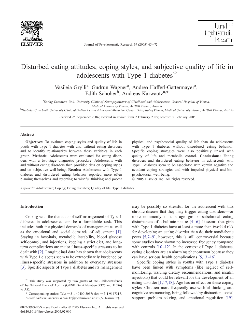 Disturbed eating attitudes, coping styles, and subjective quality of life in adolescents with Type 1 diabetes