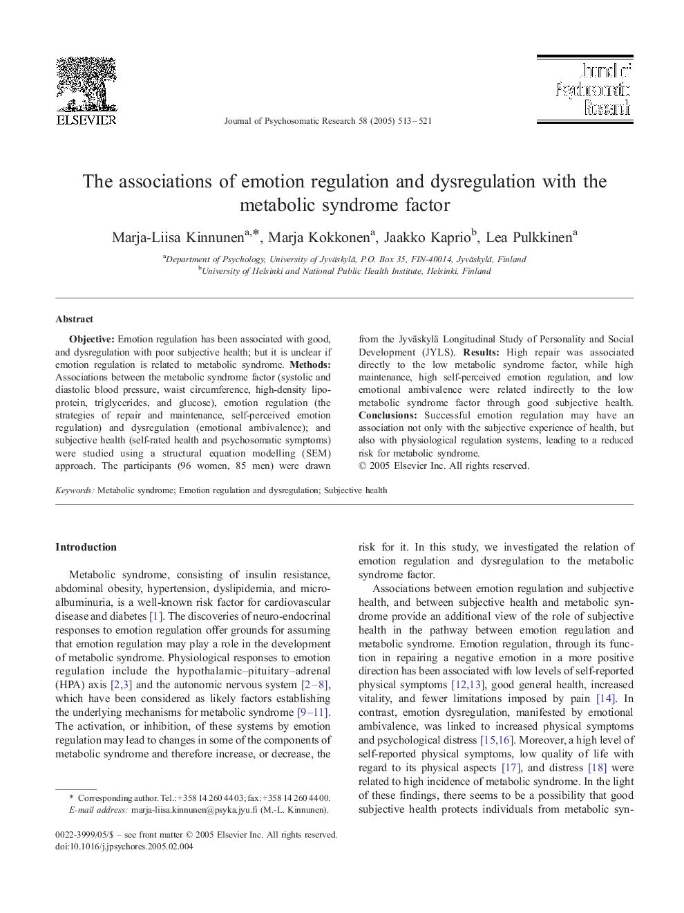 The associations of emotion regulation and dysregulation with the metabolic syndrome factor