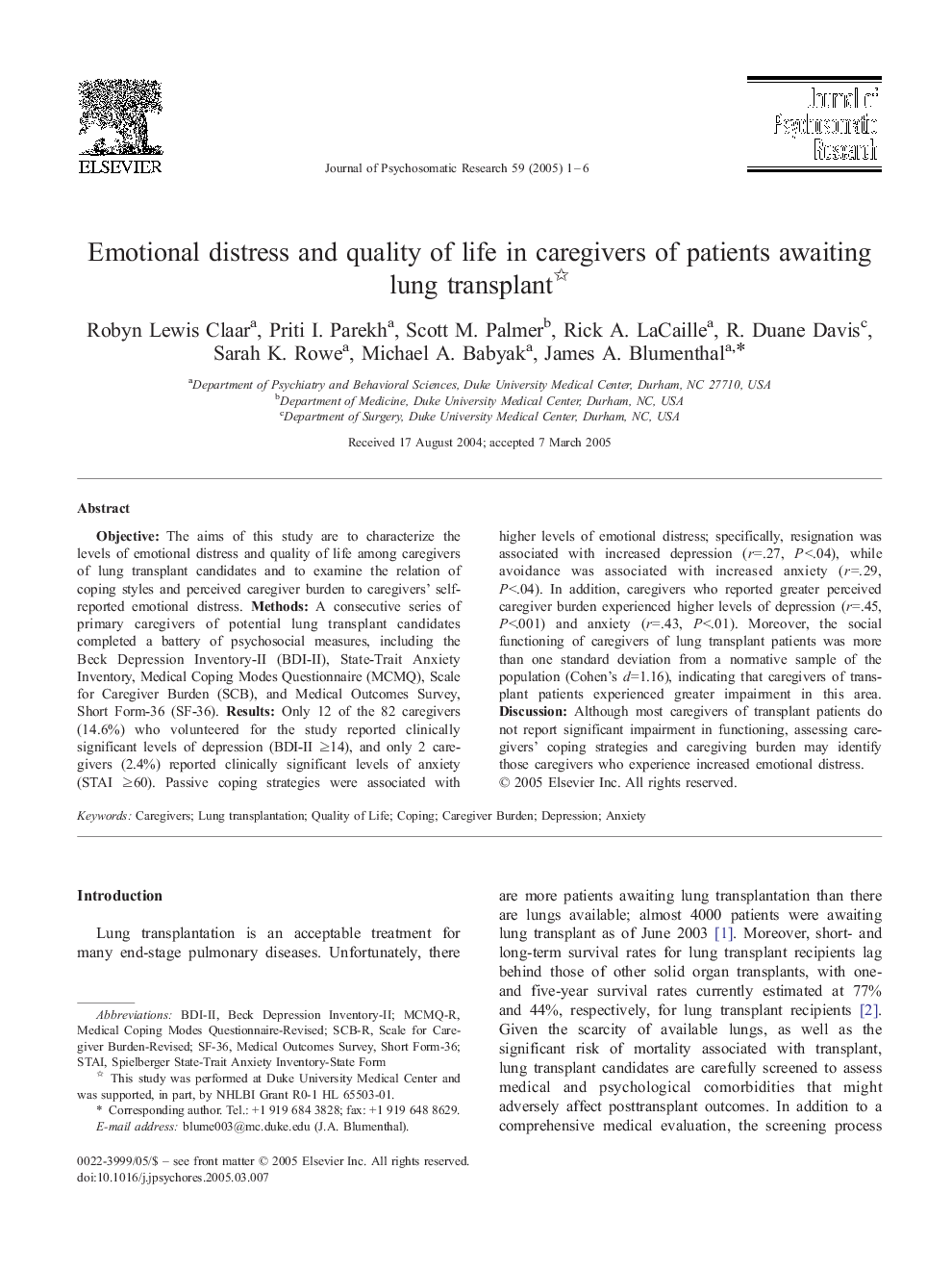 Emotional distress and quality of life in caregivers of patients awaiting lung transplant