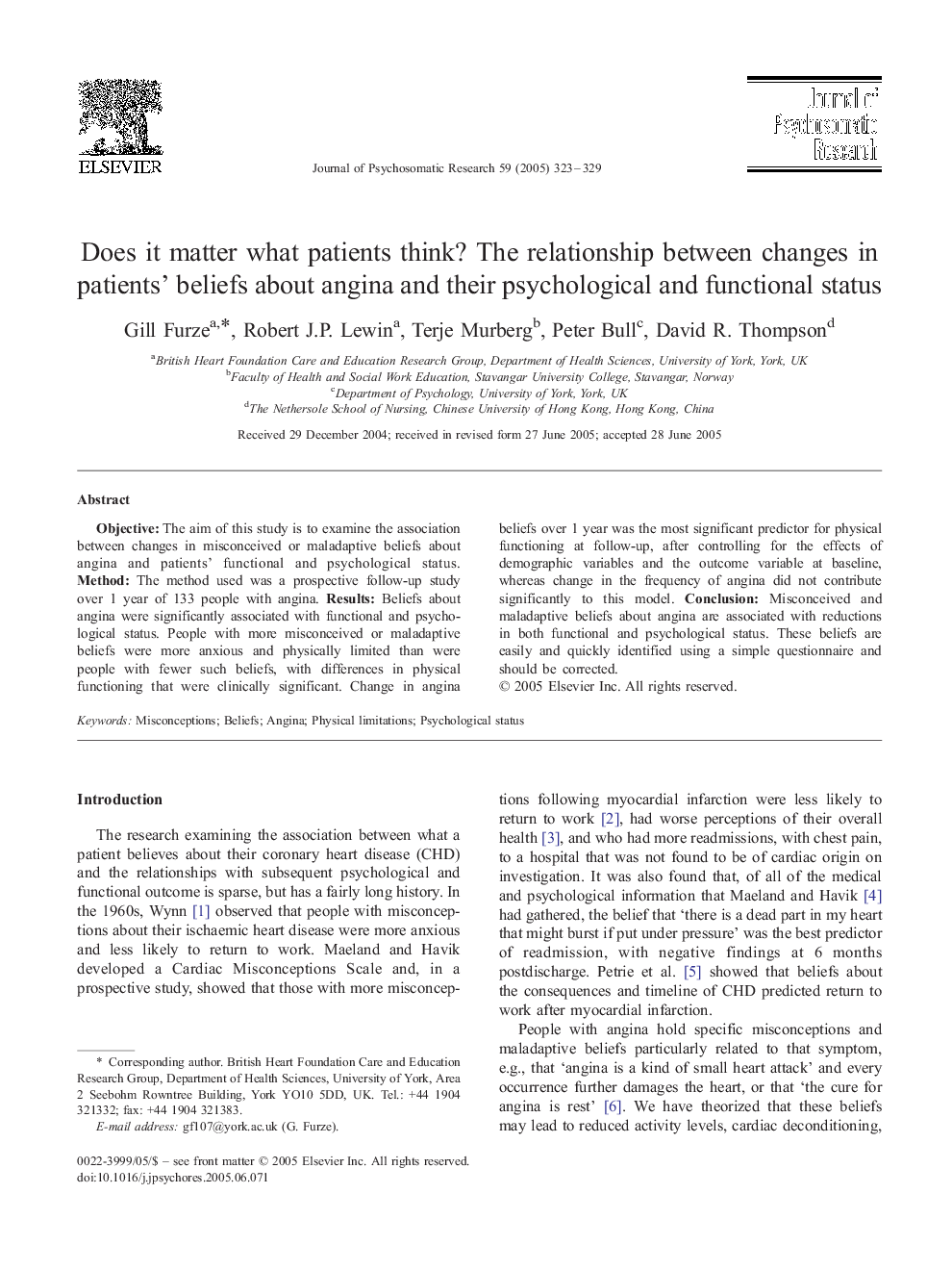 Does it matter what patients think? The relationship between changes in patients' beliefs about angina and their psychological and functional status