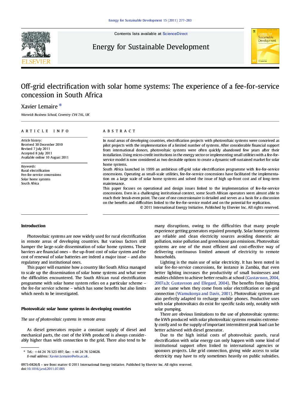 Off-grid electrification with solar home systems: The experience of a fee-for-service concession in South Africa