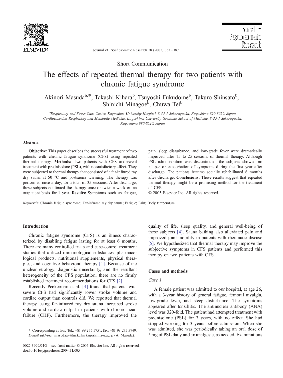 The effects of repeated thermal therapy for two patients with chronic fatigue syndrome