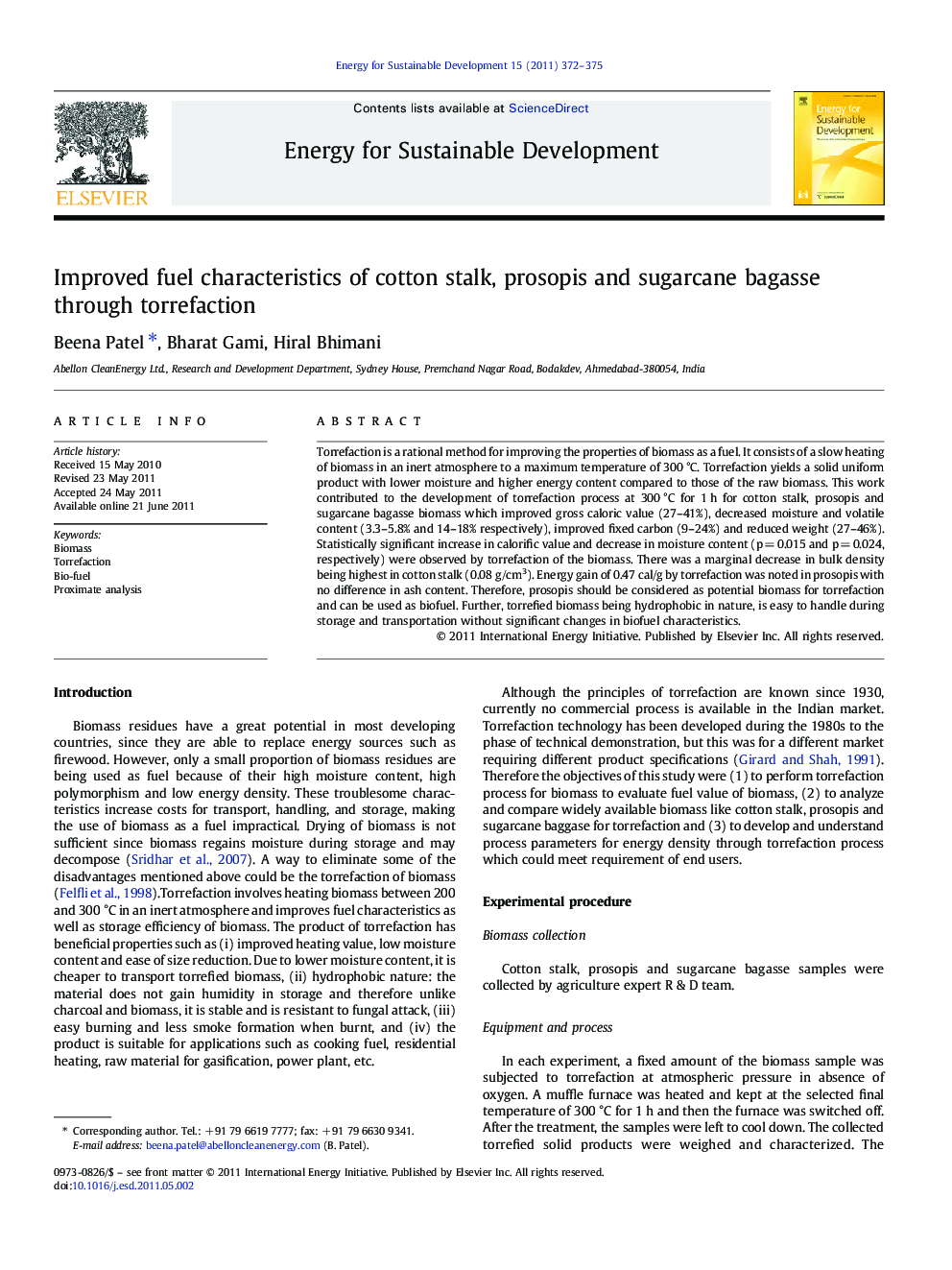 Improved fuel characteristics of cotton stalk, prosopis and sugarcane bagasse through torrefaction