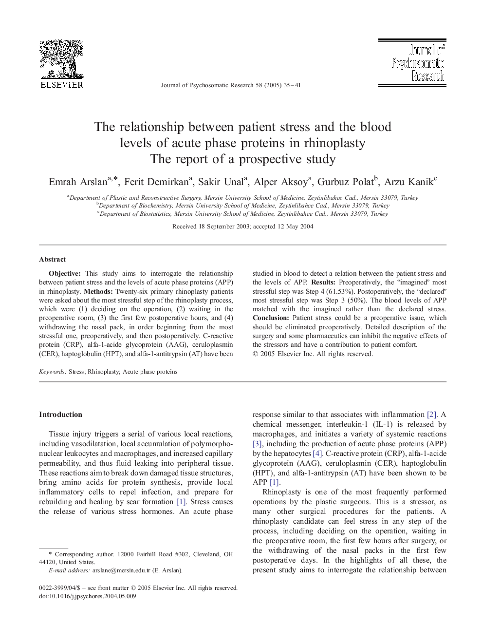 The relationship between patient stress and the blood levels of acute phase proteins in rhinoplasty