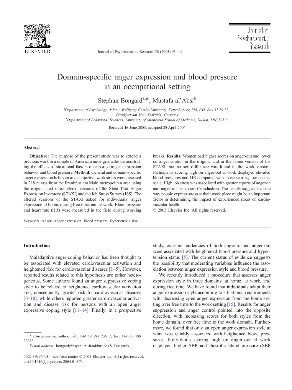 Domain-specific anger expression and blood pressure in an occupational setting