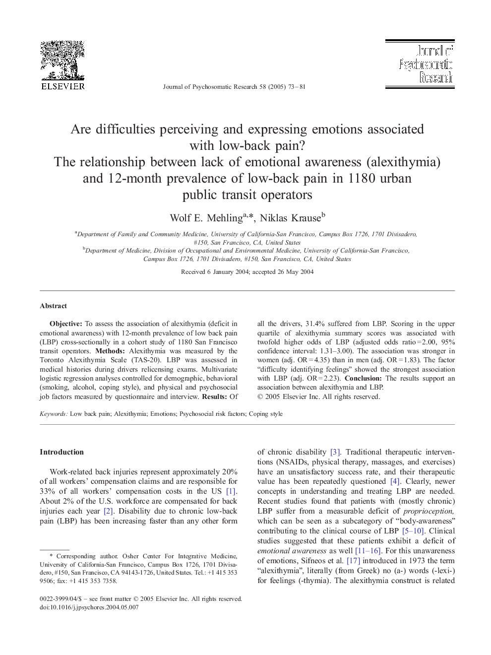 Are difficulties perceiving and expressing emotions associated with low-back pain?