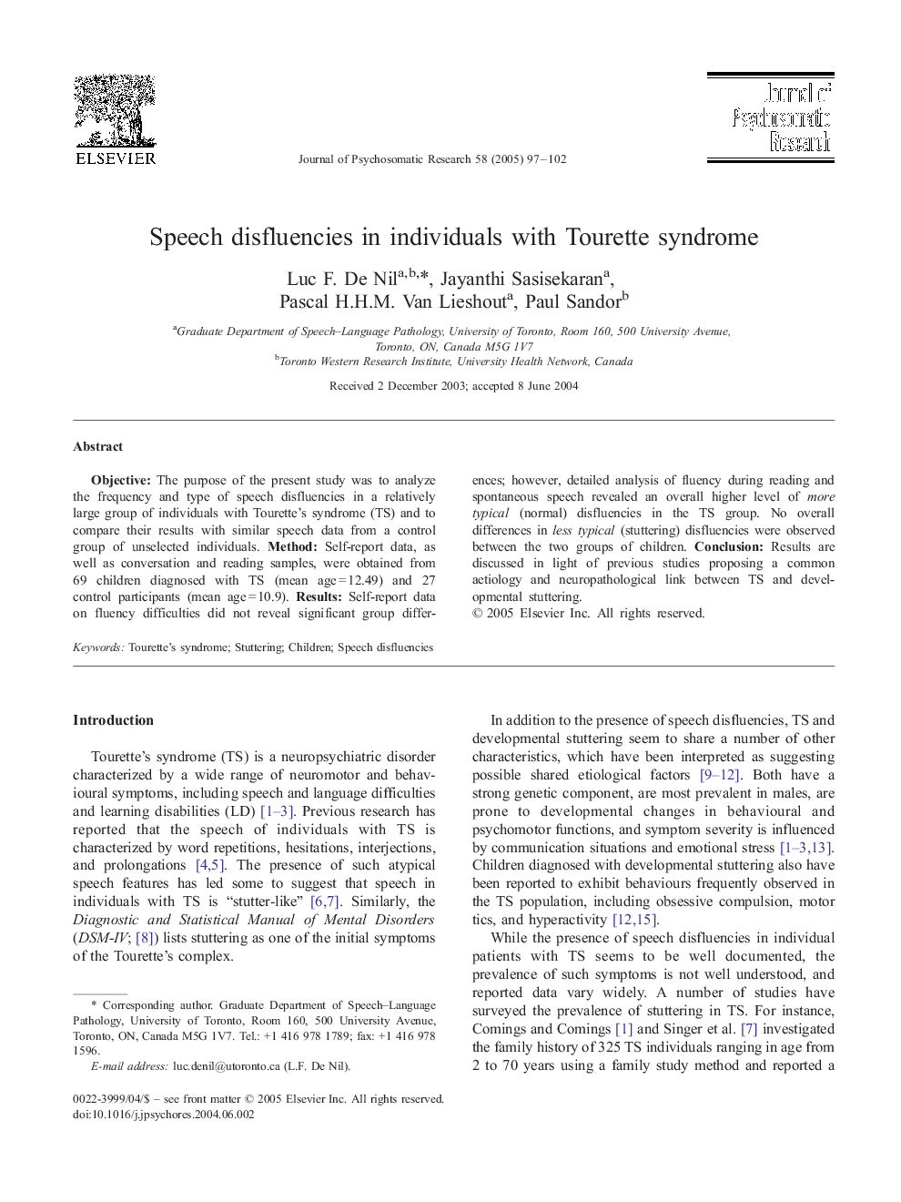 Speech disfluencies in individuals with Tourette syndrome