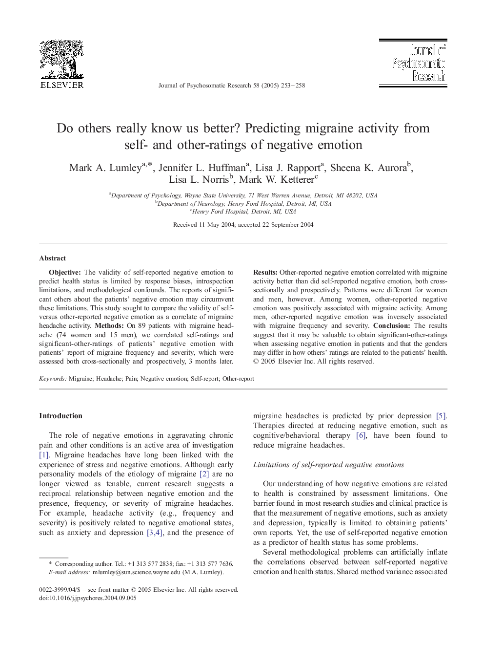 Do others really know us better? Predicting migraine activity from self- and other-ratings of negative emotion