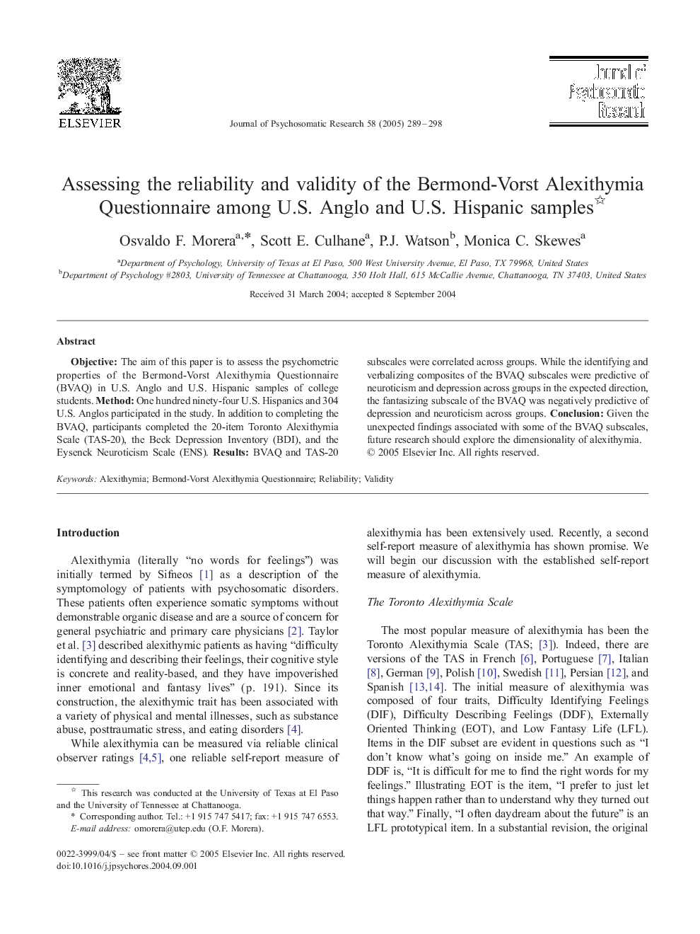 Assessing the reliability and validity of the Bermond-Vorst Alexithymia Questionnaire among U.S. Anglo and U.S. Hispanic samples