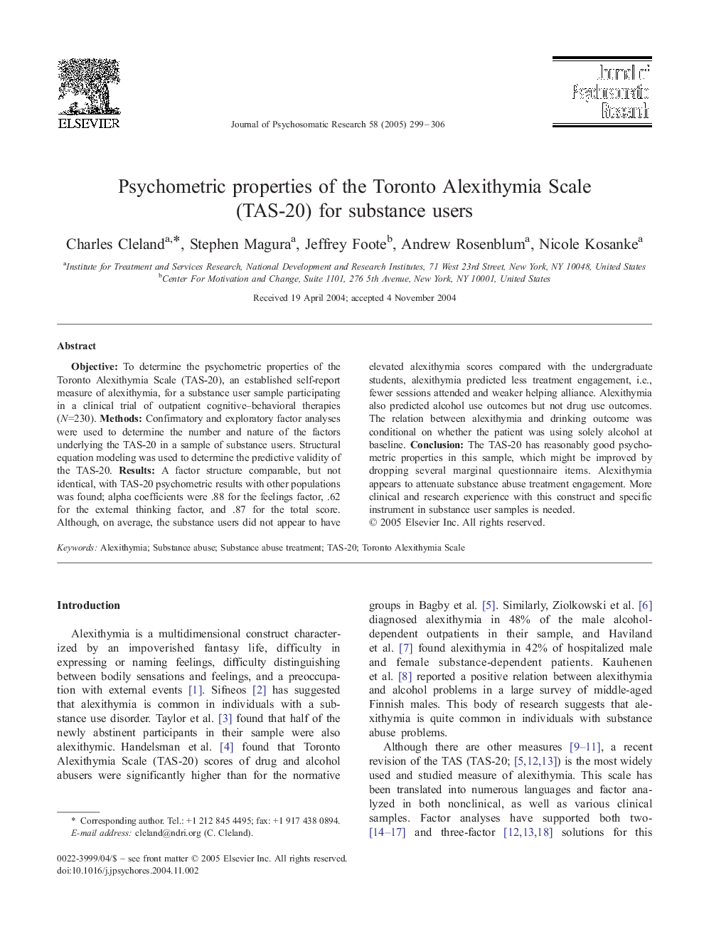 Psychometric properties of the Toronto Alexithymia Scale (TAS-20) for substance users