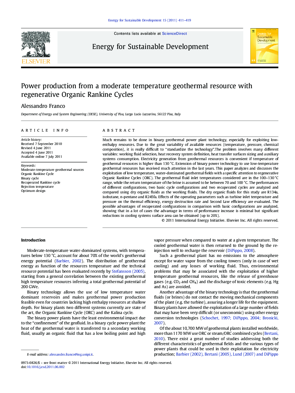 Power production from a moderate temperature geothermal resource with regenerative Organic Rankine Cycles