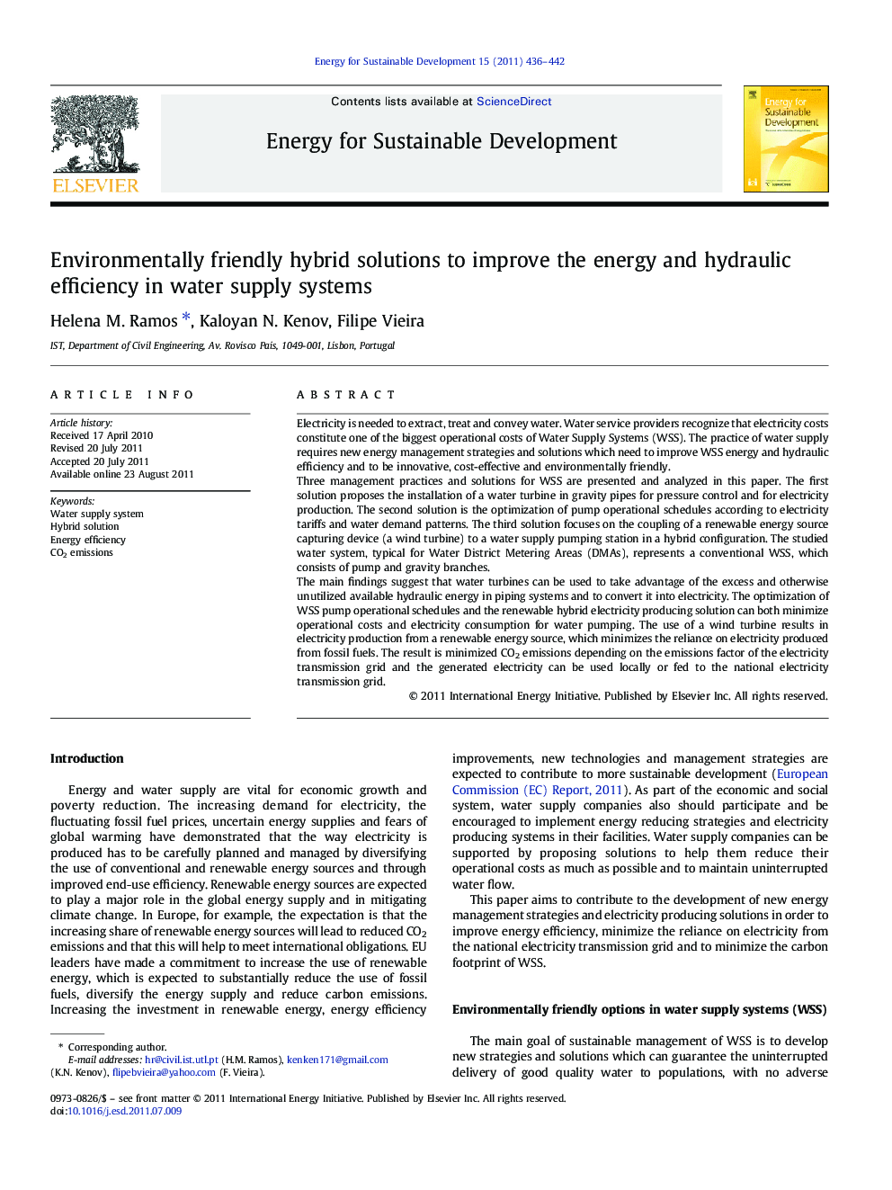 Environmentally friendly hybrid solutions to improve the energy and hydraulic efficiency in water supply systems