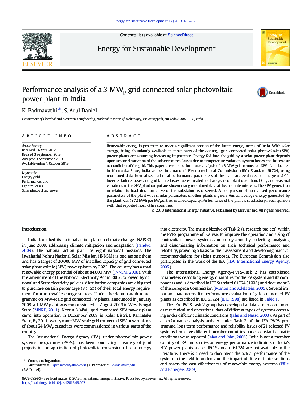 Performance analysis of a 3 MWp grid connected solar photovoltaic power plant in India