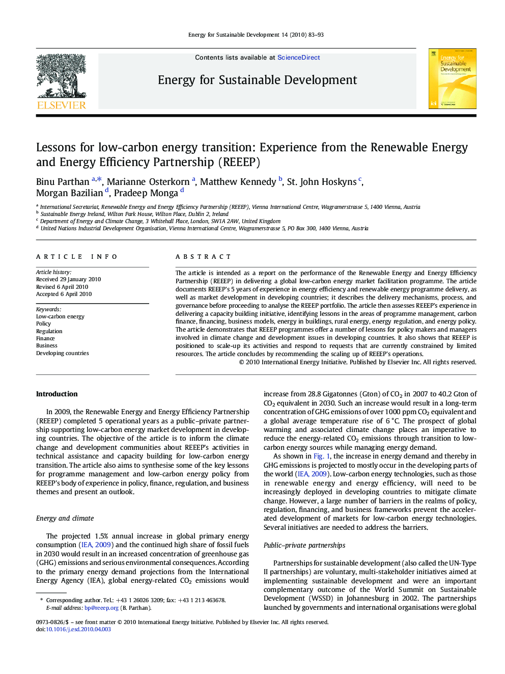 Lessons for low-carbon energy transition: Experience from the Renewable Energy and Energy Efficiency Partnership (REEEP)