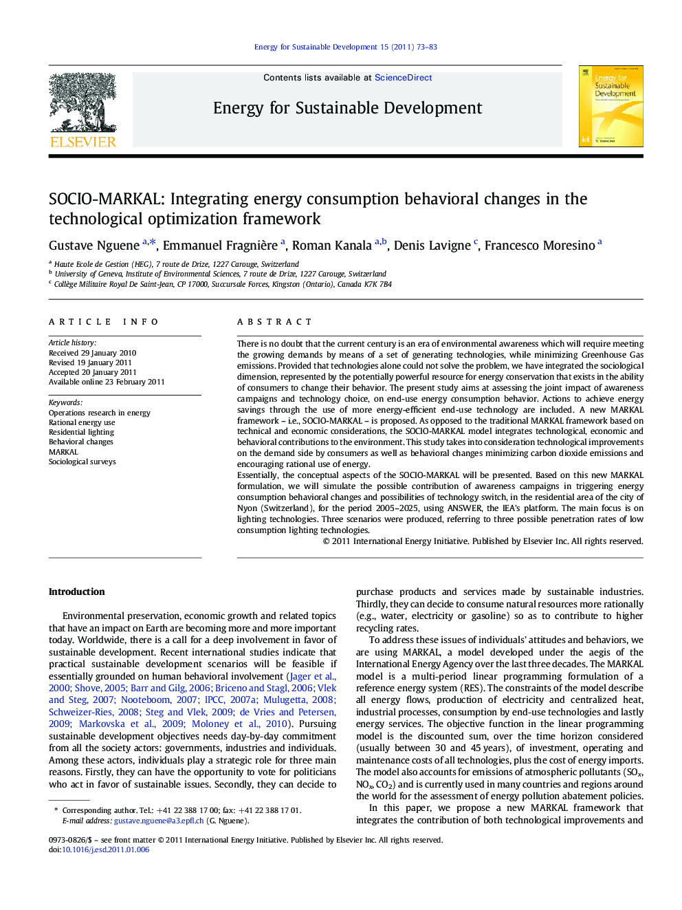 SOCIO-MARKAL: Integrating energy consumption behavioral changes in the technological optimization framework