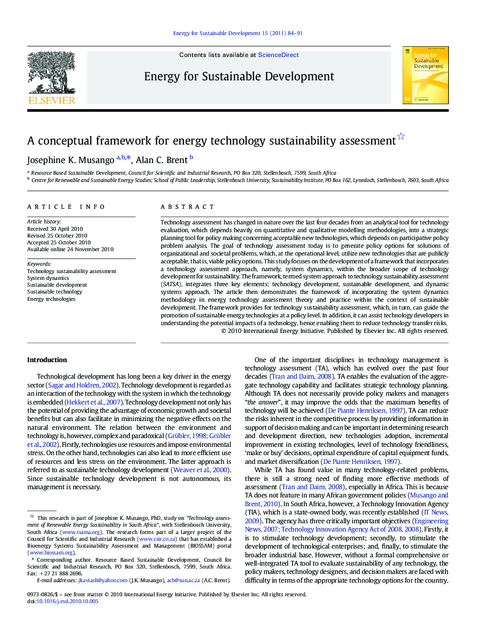 A conceptual framework for energy technology sustainability assessment 