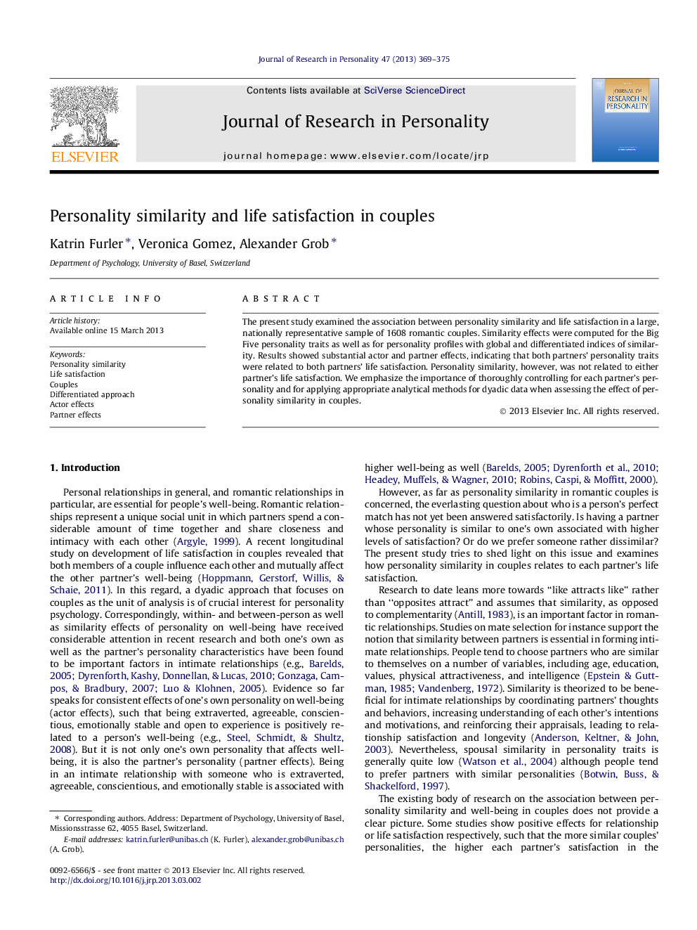 Personality similarity and life satisfaction in couples