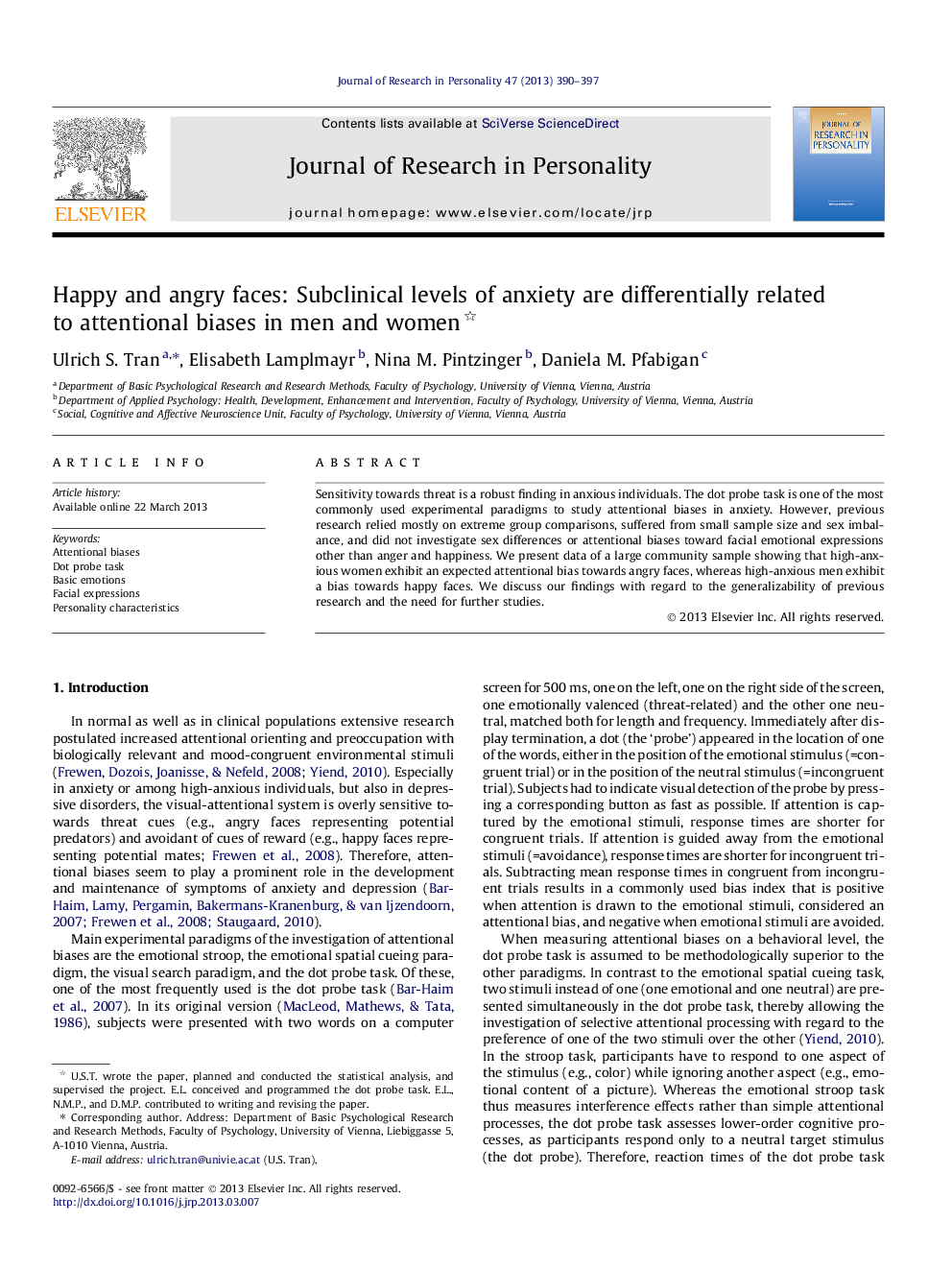 Happy and angry faces: Subclinical levels of anxiety are differentially related to attentional biases in men and women