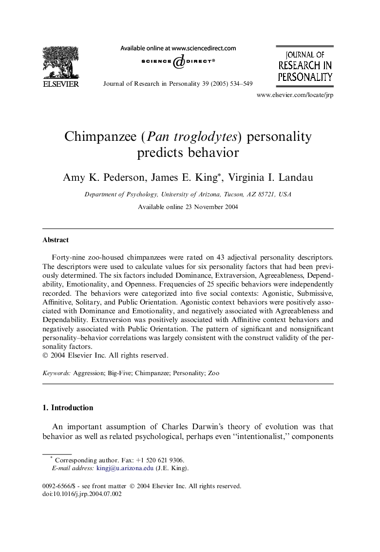 Chimpanzee (Pan troglodytes) personality predicts behavior