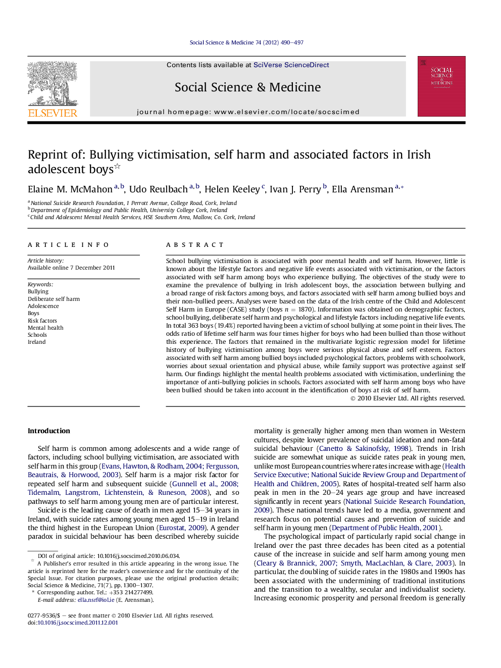 Reprint of: Bullying victimisation, self harm and associated factors in Irish adolescent boys