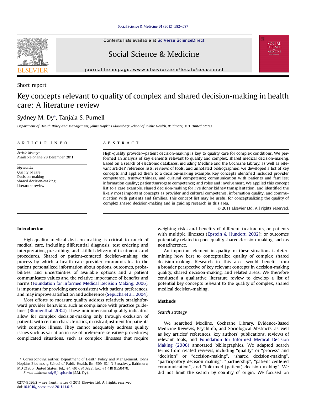 Key concepts relevant to quality of complex and shared decision-making in health care: A literature review