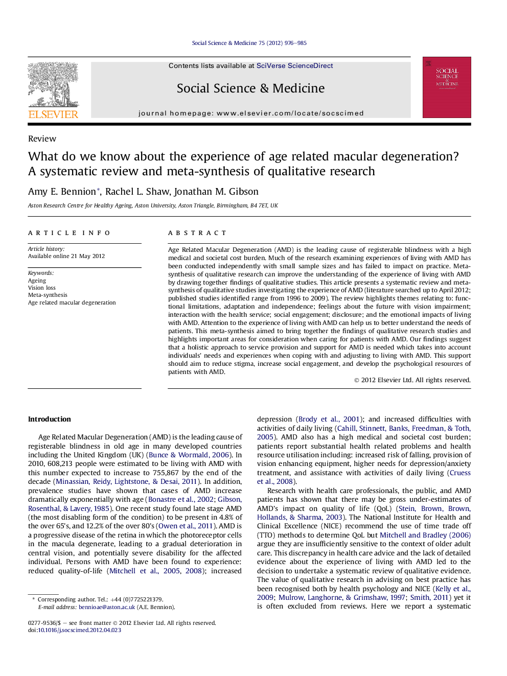 What do we know about the experience of age related macular degeneration? A systematic review and meta-synthesis of qualitative research