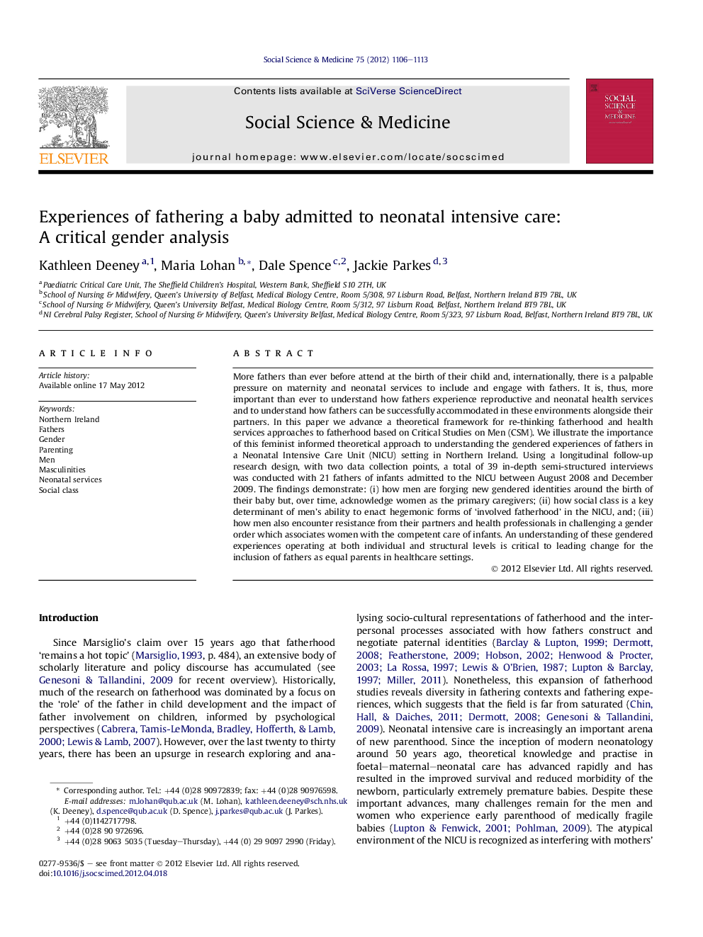 Experiences of fathering a baby admitted to neonatal intensive care: A critical gender analysis