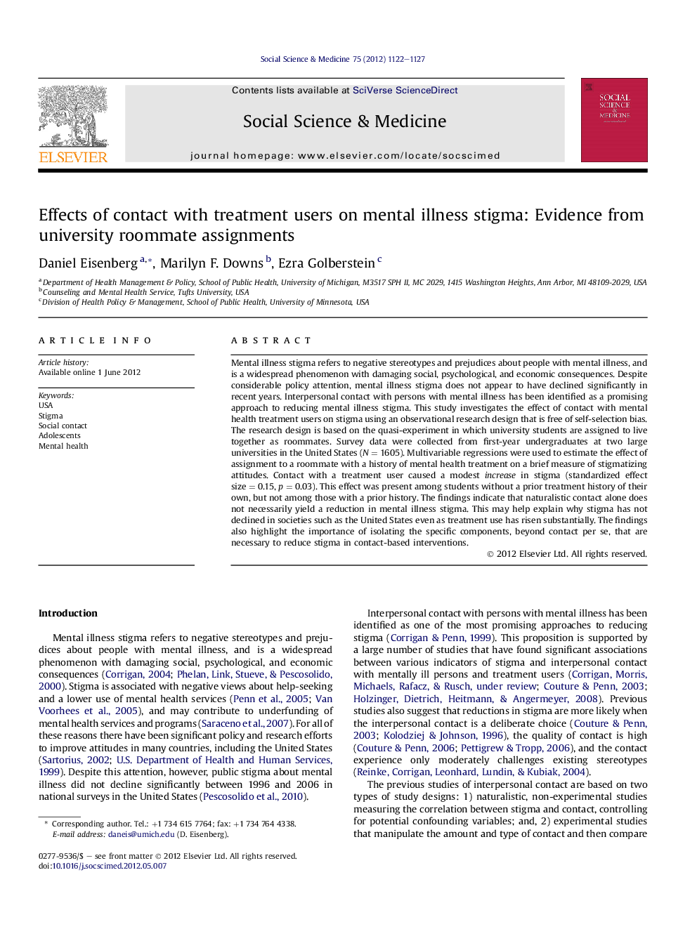 Effects of contact with treatment users on mental illness stigma: Evidence from university roommate assignments