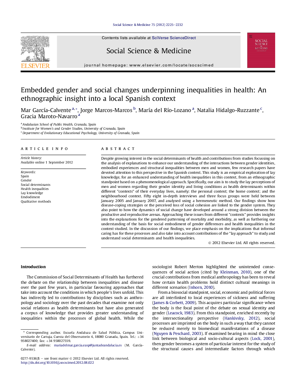 Embedded gender and social changes underpinning inequalities in health: An ethnographic insight into a local Spanish context