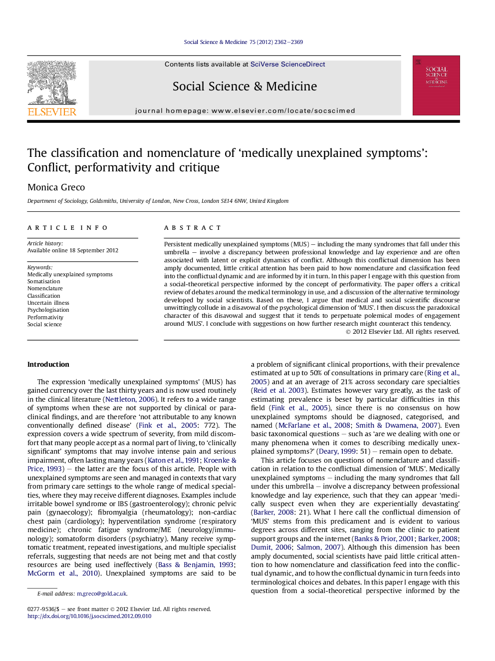 The classification and nomenclature of 'medically unexplained symptoms': Conflict, performativity and critique