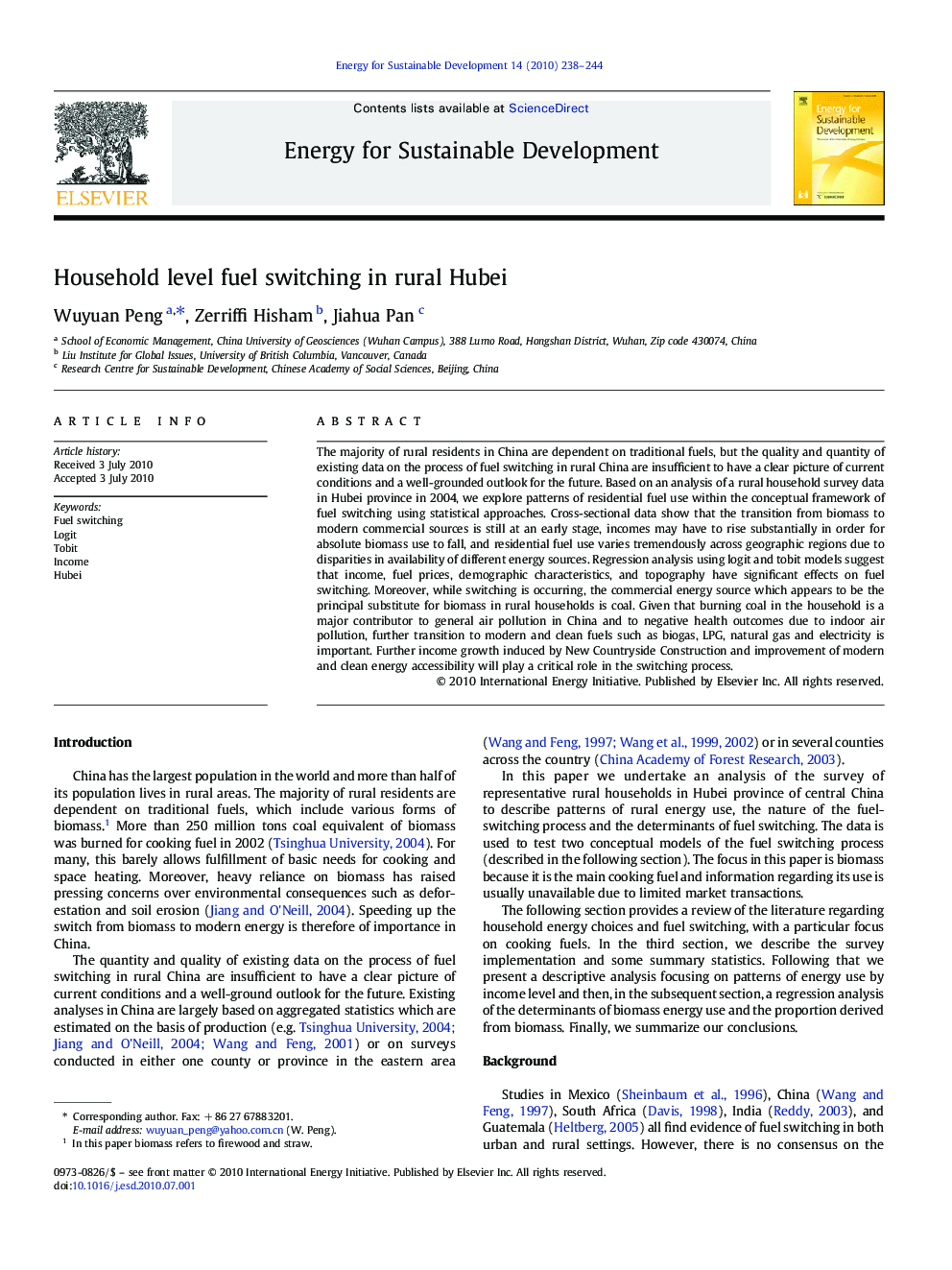 Household level fuel switching in rural Hubei