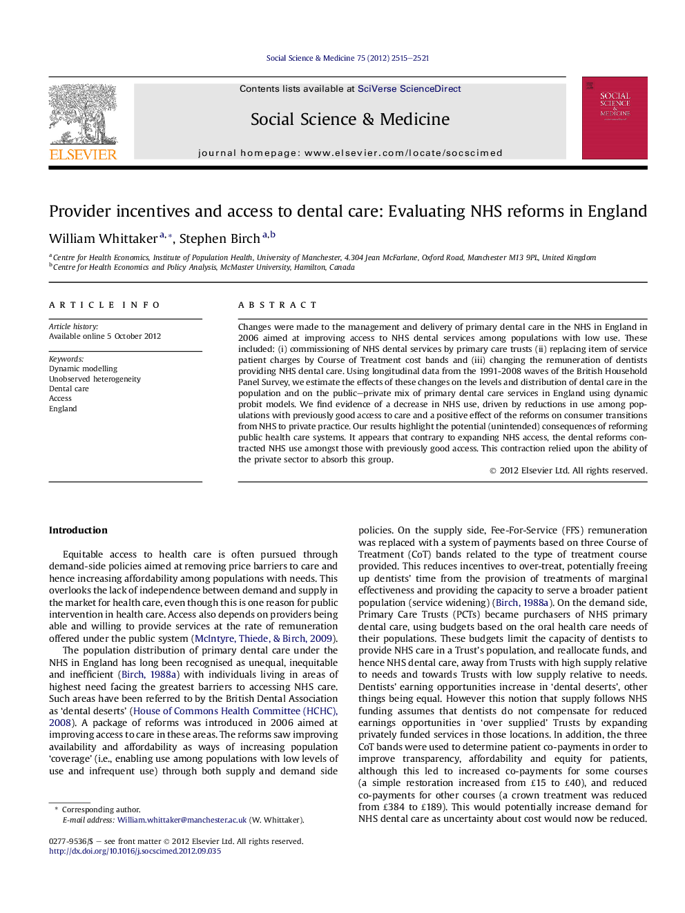 Provider incentives and access to dental care: Evaluating NHS reforms in England