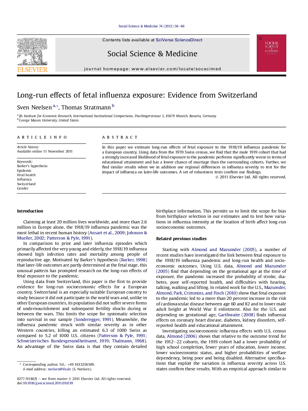 Long-run effects of fetal influenza exposure: Evidence from Switzerland