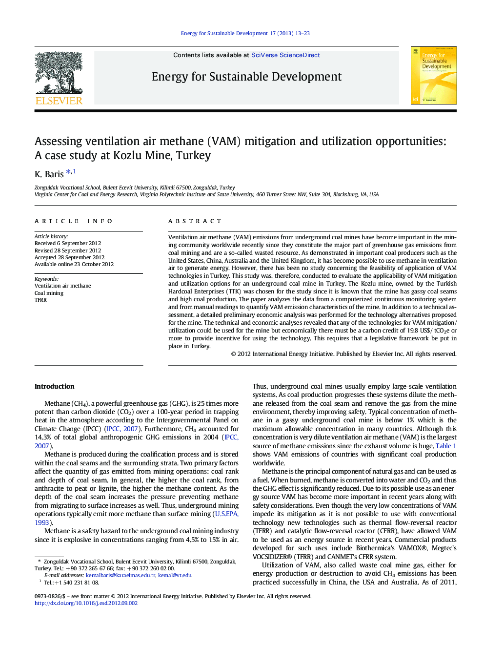 Assessing ventilation air methane (VAM) mitigation and utilization opportunities: A case study at Kozlu Mine, Turkey