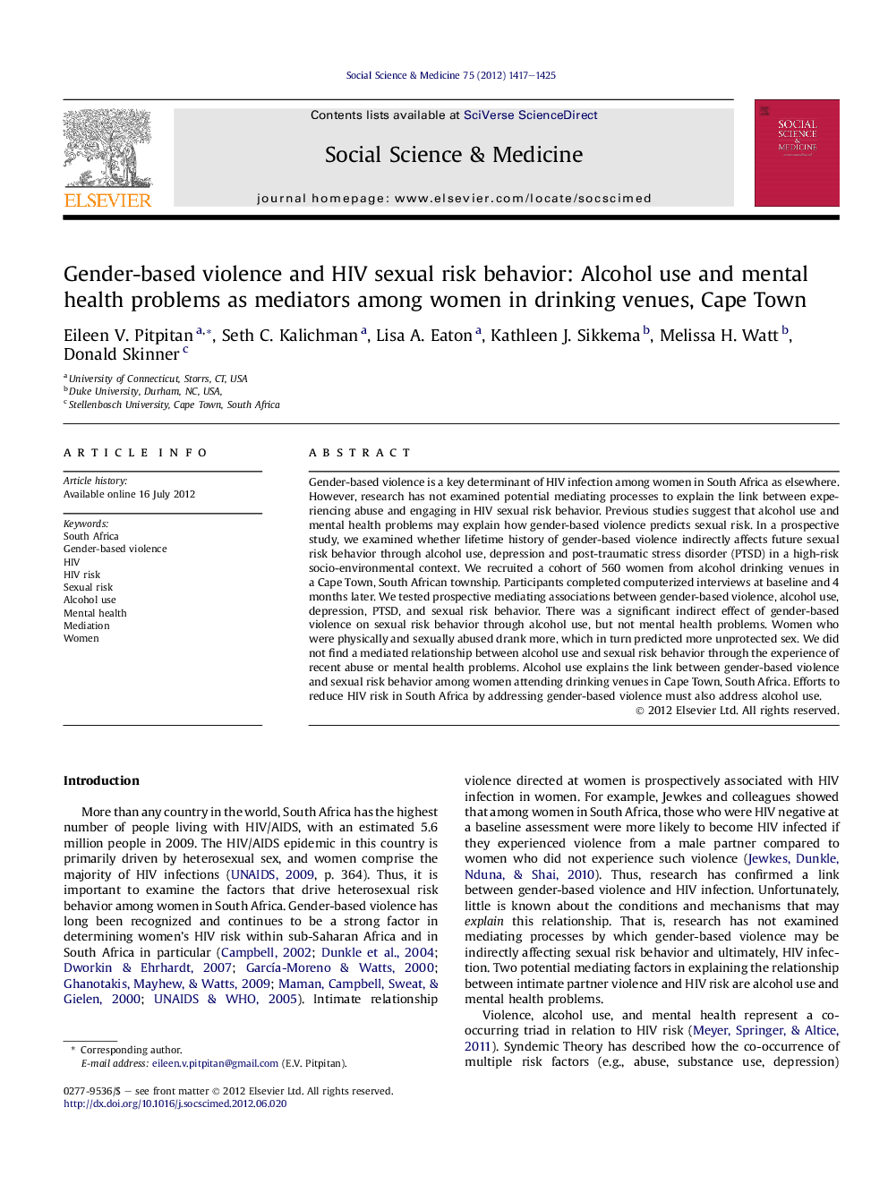 Gender-based violence and HIV sexual risk behavior: Alcohol use and mental health problems as mediators among women in drinking venues, Cape Town