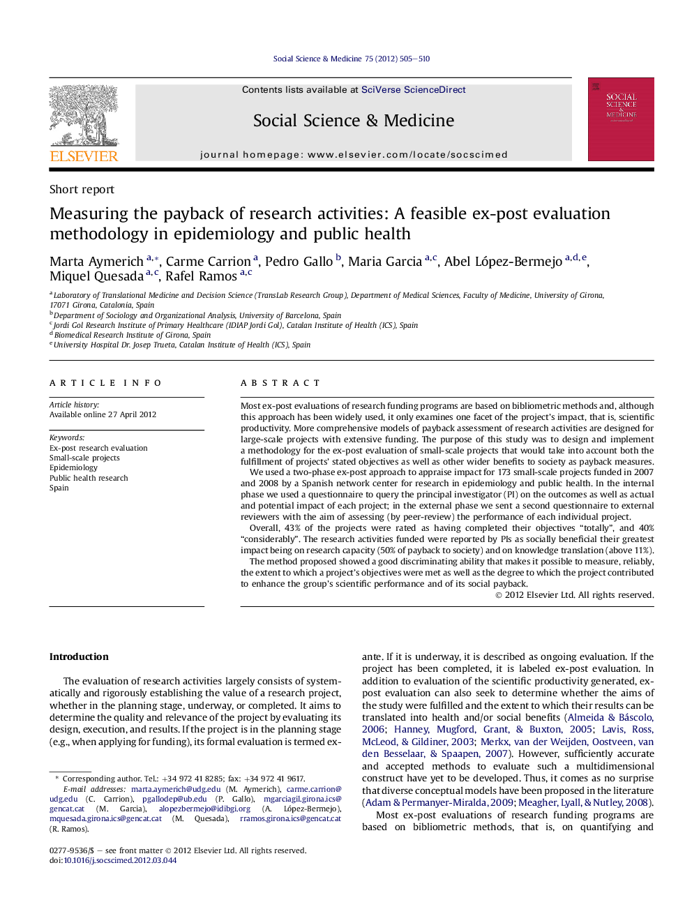 Measuring the payback of research activities: A feasible ex-post evaluation methodology in epidemiology and public health