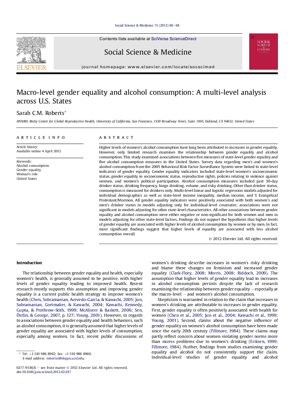 Macro-level gender equality and alcohol consumption: A multi-level analysis across U.S. States