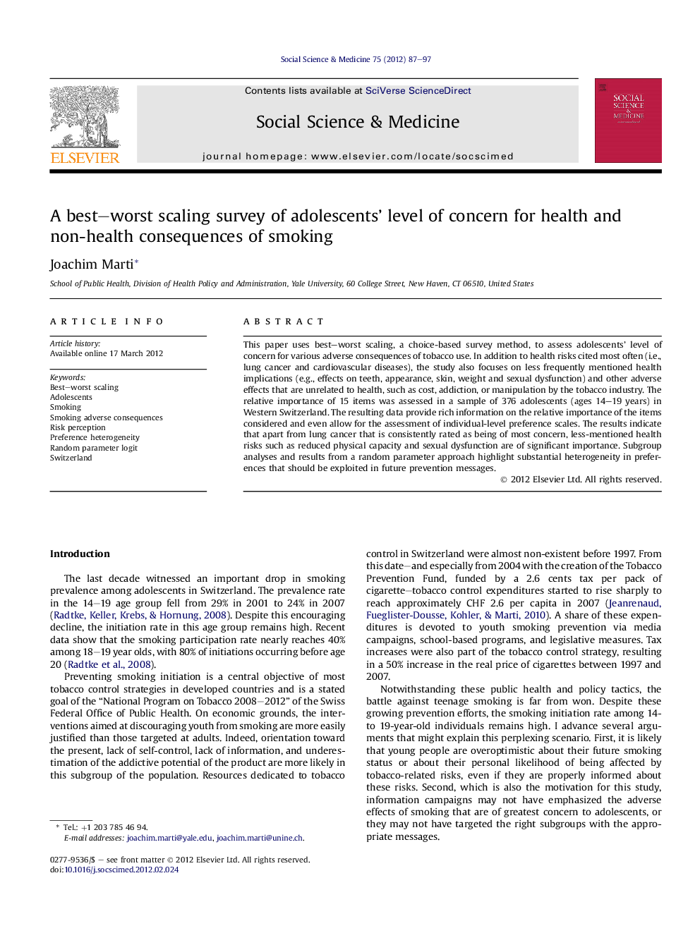 A best-worst scaling survey of adolescents' level of concern for health and non-health consequences of smoking