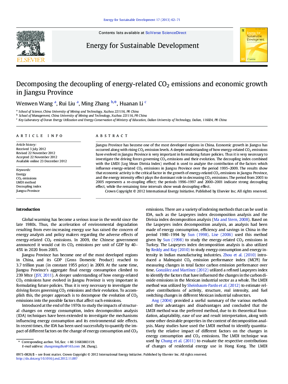 عکس صفحه اول مقاله: Decomposing the decoupling of energy-related CO2 emissions and economic growth in Jiangsu Province Decomposing the decoupling of energy-related CO2 emissions and economic growth in Jiangsu Province