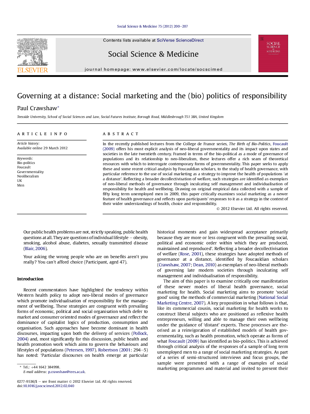 Governing at a distance: Social marketing and the (bio) politics of responsibility