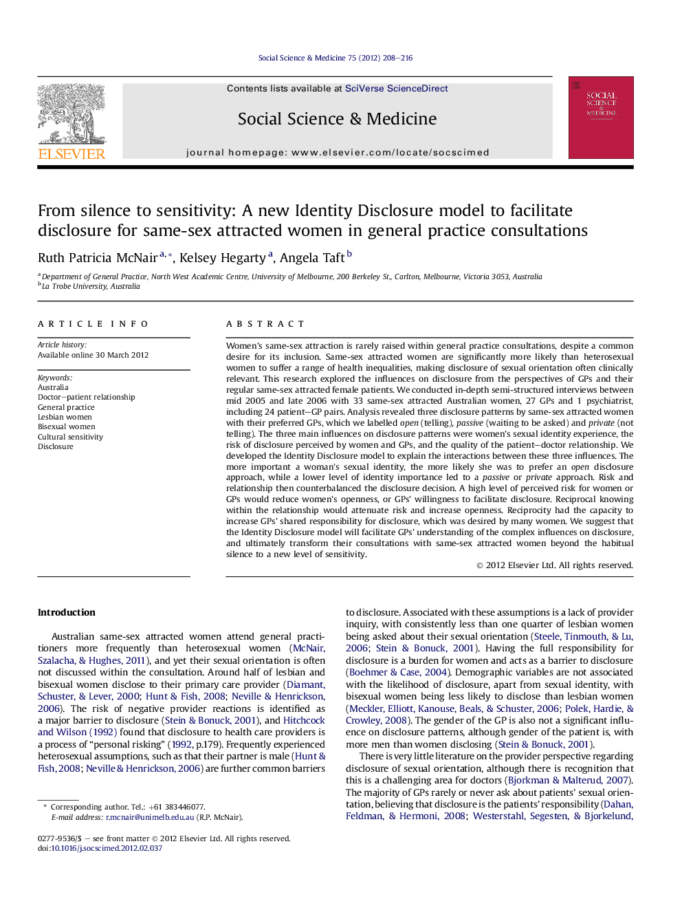 From silence to sensitivity: A new Identity Disclosure model to facilitate disclosure for same-sex attracted women in general practice consultations