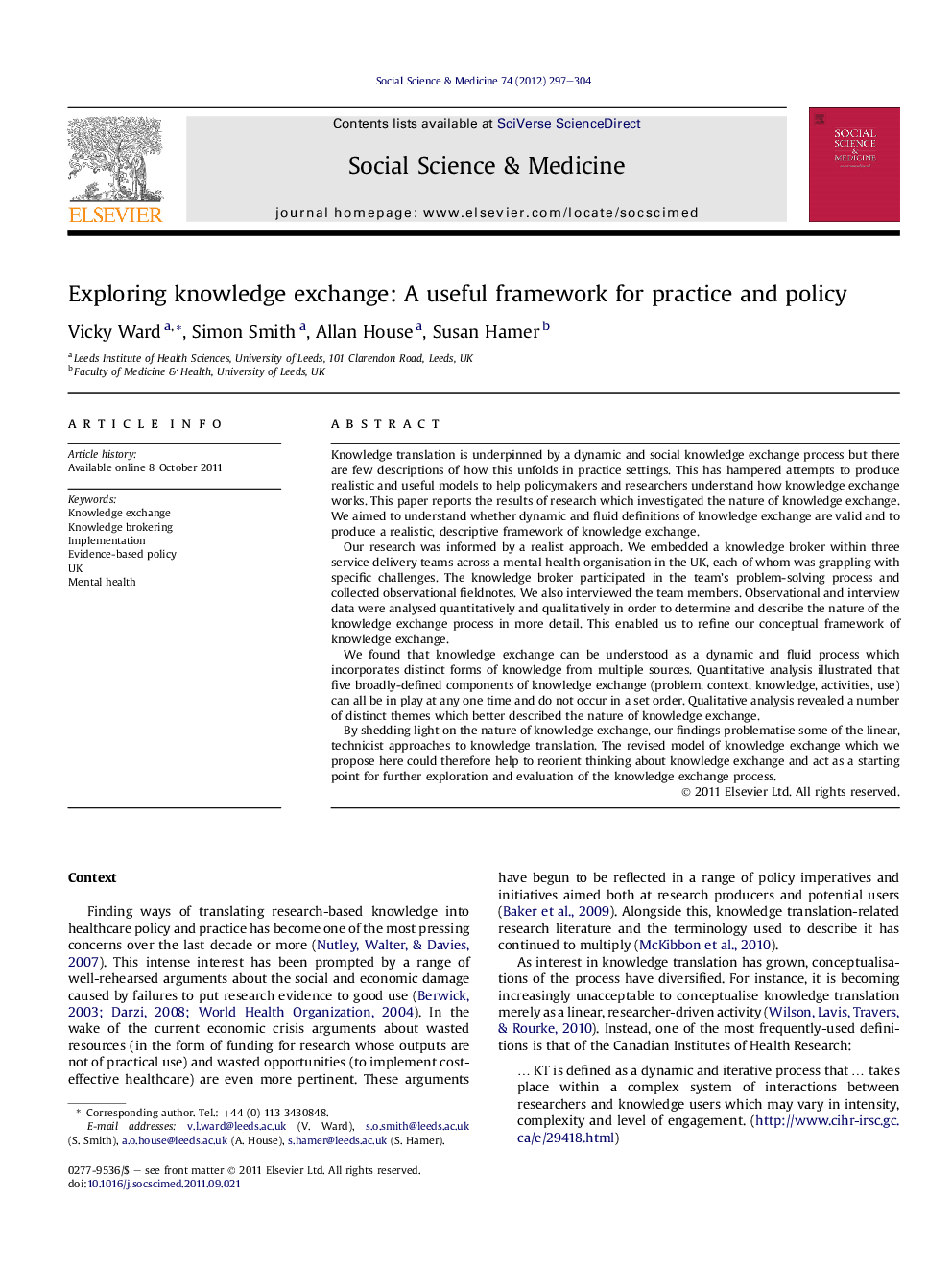 Exploring knowledge exchange: A useful framework for practice and policy