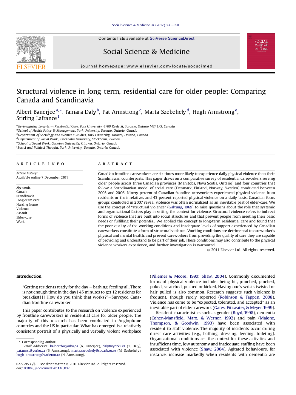 Structural violence in long-term, residential care for older people: Comparing Canada and Scandinavia