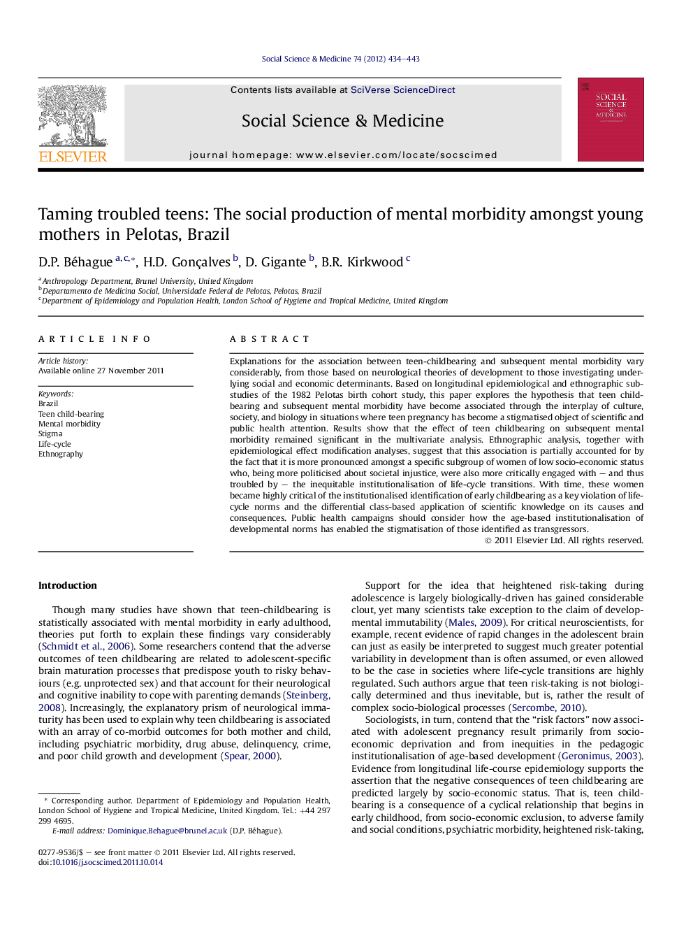 Taming troubled teens: The social production of mental morbidity amongst young mothers in Pelotas, Brazil