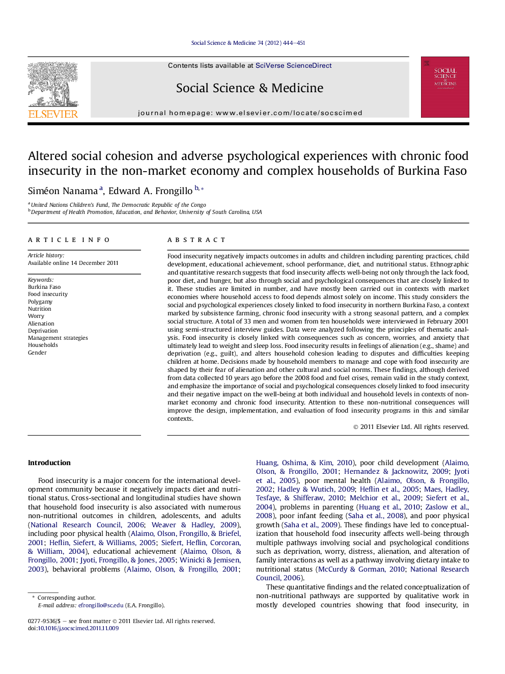 Altered social cohesion and adverse psychological experiences with chronic food insecurity in the non-market economy and complex households of Burkina Faso