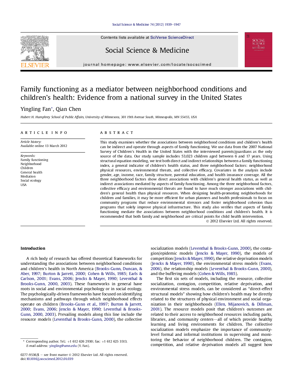 Family functioning as a mediator between neighborhood conditions and children's health: Evidence from a national survey in the United States