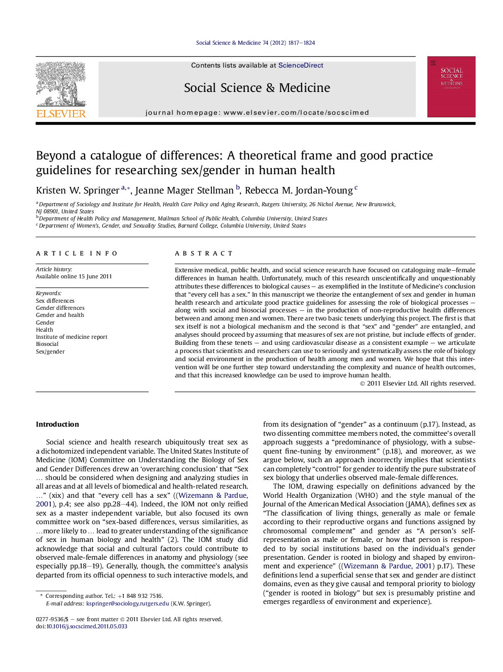 Beyond a catalogue of differences: A theoretical frame and good practice guidelines for researching sex/gender in human health