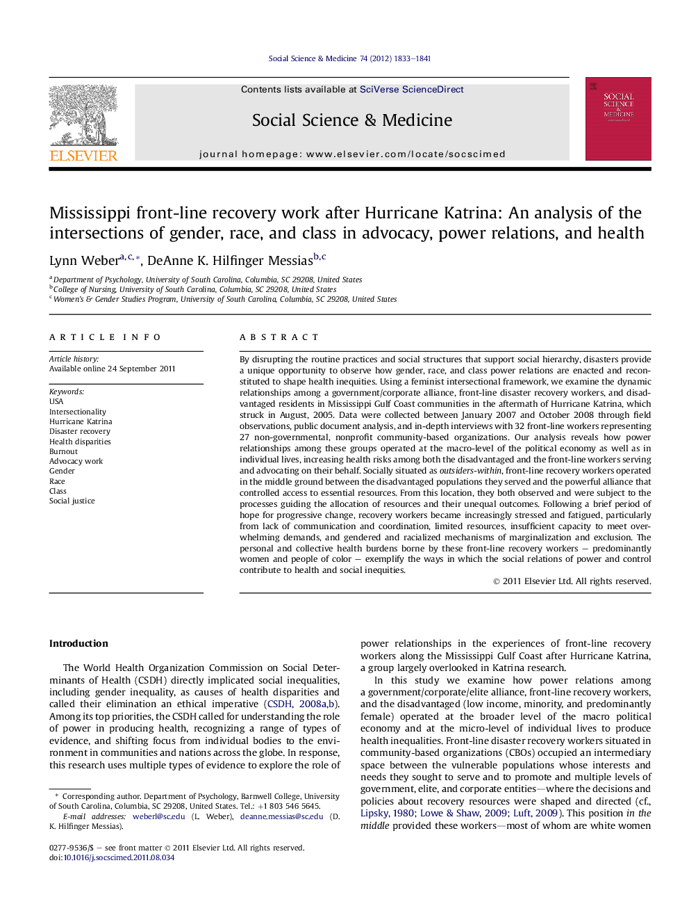 Mississippi front-line recovery work after Hurricane Katrina: An analysis of the intersections of gender, race, and class in advocacy, power relations, and health